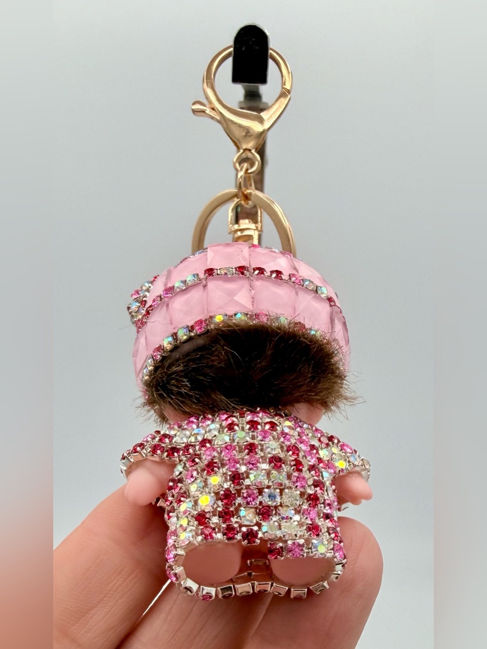 Monchhichi Style Crystal Rhinestone Doll Keychain Bag Charm Pink Bling Sparkle - Picture 6 of 6